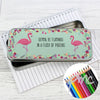 Personalised Flamingo Pencil Tin with Pencil Crayons